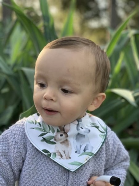 Bavoir bandana chevreuil en feuilles éponge bambou verte. L'Atelier Mama