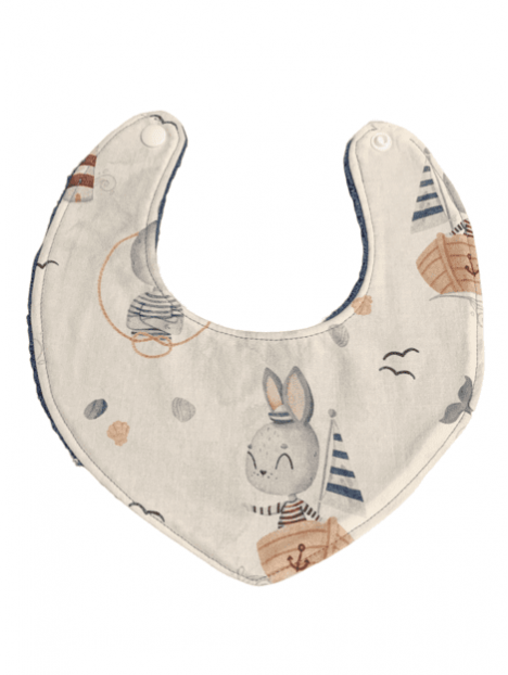 Bavoir bandana lapin marin éponge bambou indigo. L'Atelier Mama