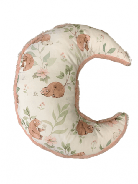 Coussin lune bébé en tissu ourson flower et fourrure rose. L'Atelier Mama