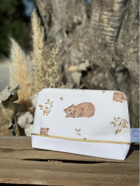 Pochette oursons toile de coton blanc. L'Atelier Mama