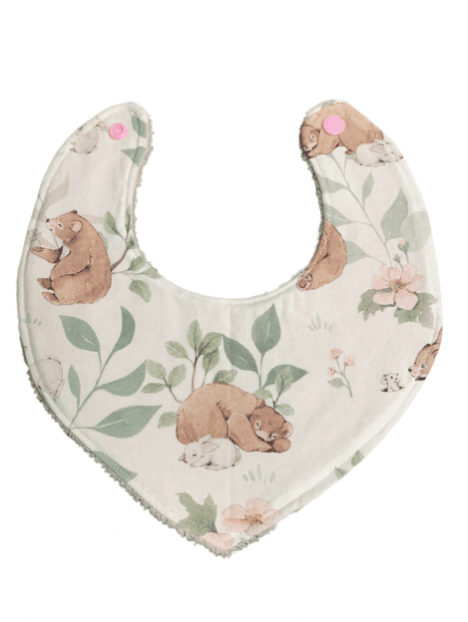 Bavoir bandana ourson flower éponge bambou pink. L'Atelier Mama