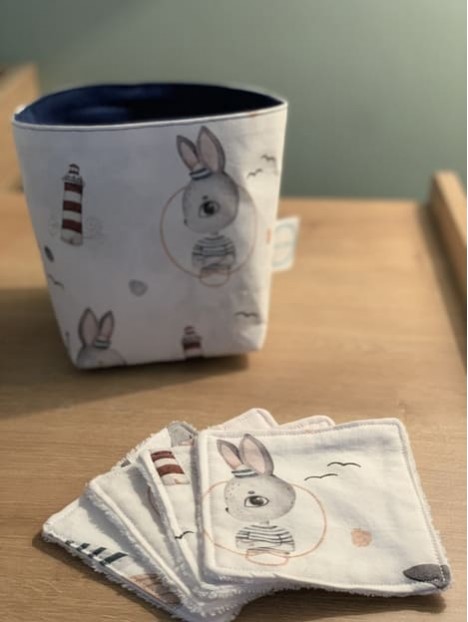 Panière et 10 lingettes lavables lapin marin velvet bleu marine. L'Atelier Mama