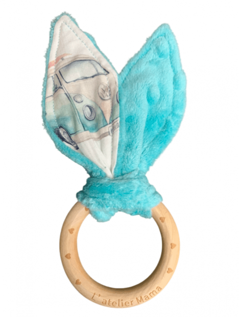 Anneau de dentition surfing minky turquoise. L'Atelier Mama