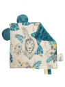 Doudou plat lion et toucan minky bleu canard. L'Atelier Mama