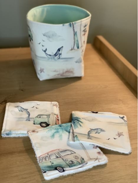 Panière et 10 lingettes lavables - oekotex - coton surfing et éponge bambou blanche. L'Atelier Mama