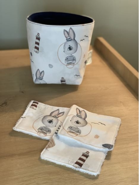 Panière et 10 lingettes lavables -Lapin marin velvet bleu marine