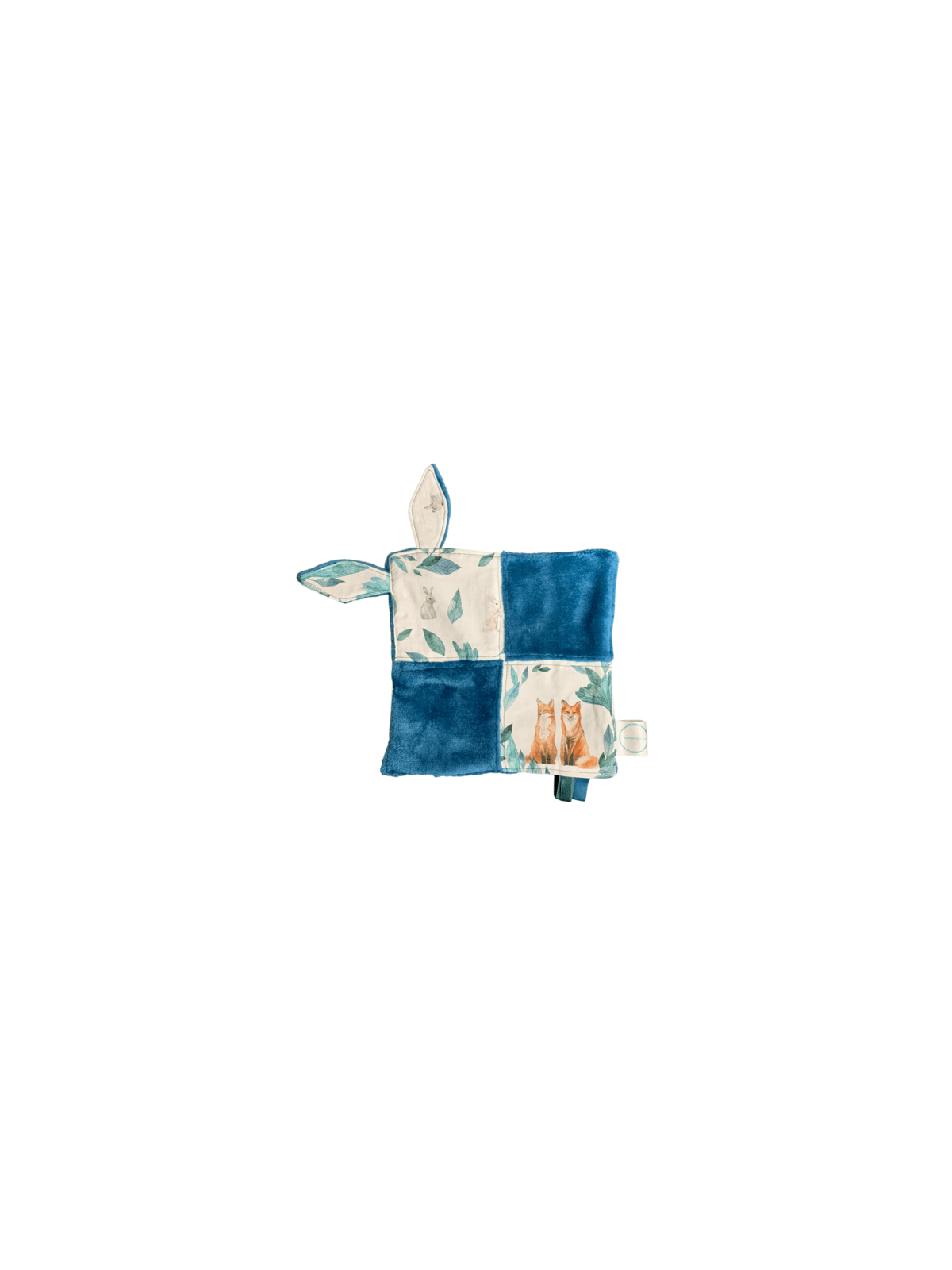 Doudou plat cerf et renard polaire bleu canard. L'Atelier Mama