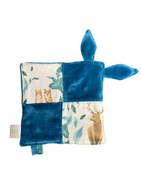 Doudou plat cerf et renard polaire bleu canard. L'Atelier Mama