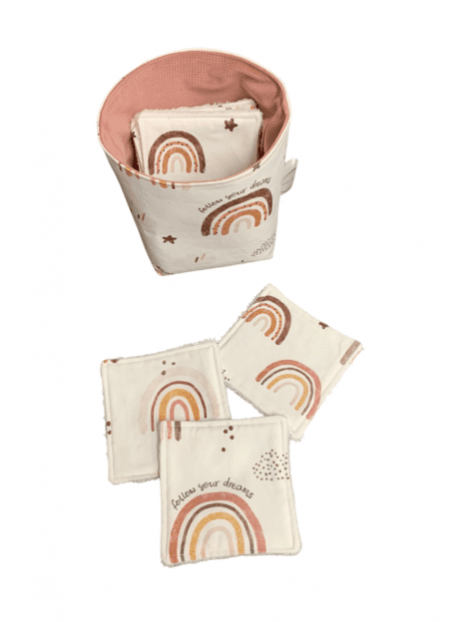 Panière et 10 lingettes lavables magic rainbow velvet vieux rose foncé. L'Atelier Mama